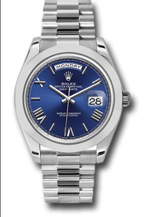 Replica Rolex 950 Platinum Day-Date 40 Watch 228206 Smooth Bezel Blue Bevelled Roman Dial President Bracelet